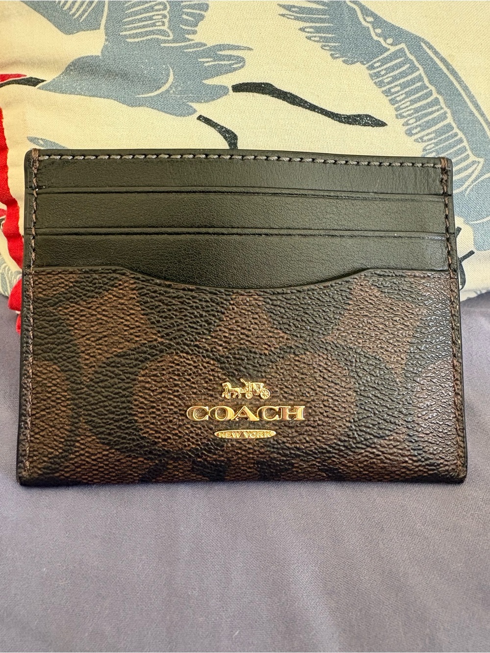 COACH Brown & Black Signature Canvas Card Holder with Gold Logo